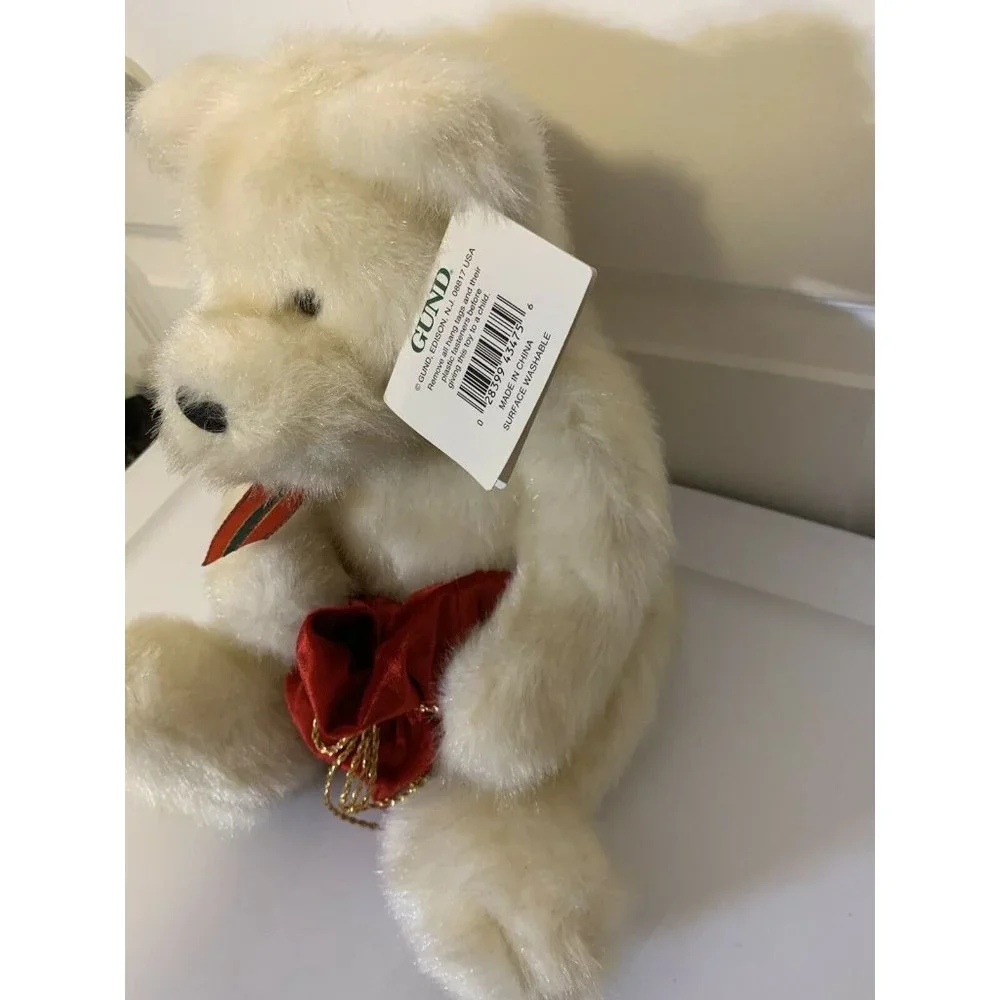 GUND CHRISTMAS PRESENT RED SATIN BAG PLUSH CREAM TEDDY BEAR 43475 STUFFED ANIMAL